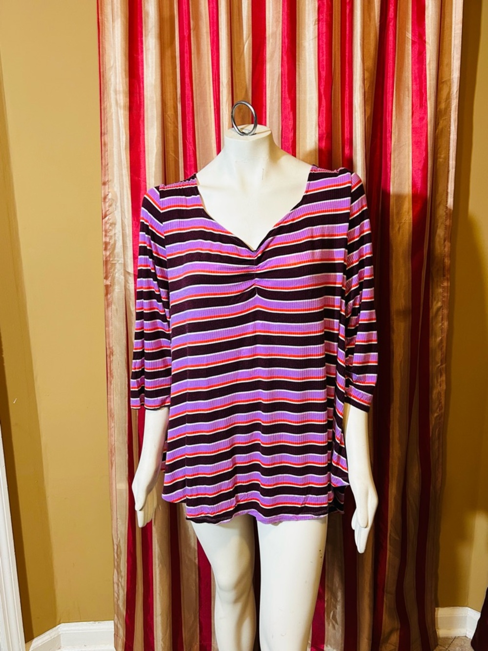 Lane Bryant Pink and Purple Striped V-Neck Long Sleeve Top